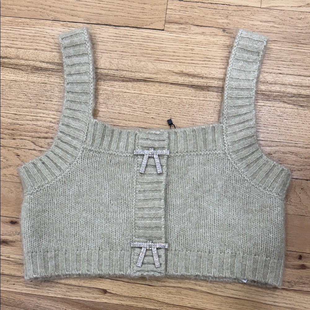 ZARA Knit Crop Top with rhinestone Bow Accents. Size L